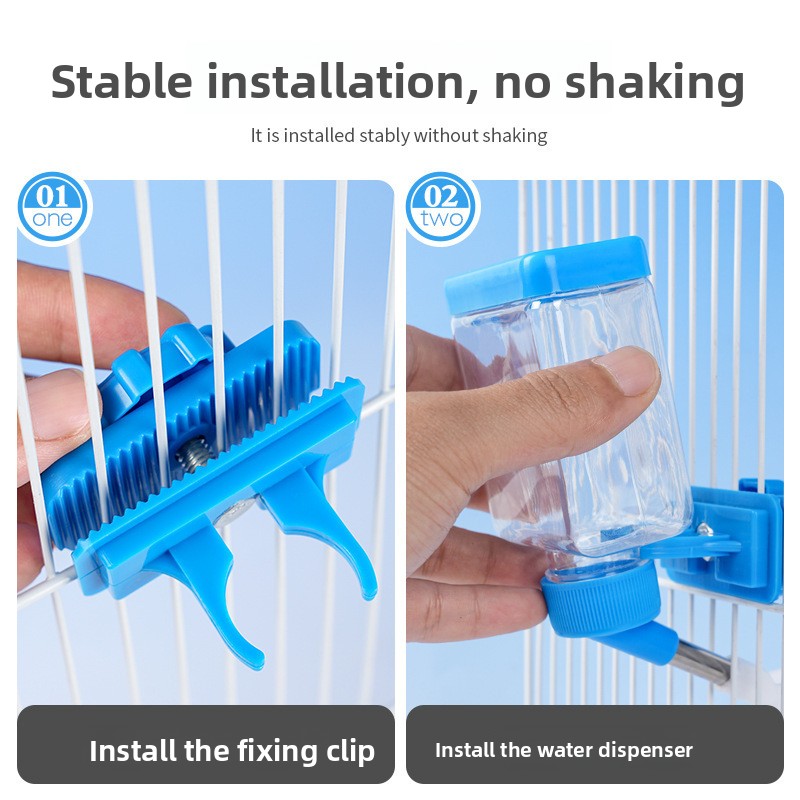 Blue automatic clip on bird water dispenser on cage, view 2