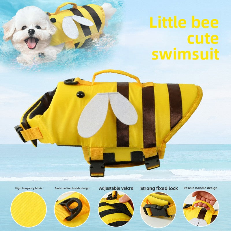 Adjustable dog swim vest with bee print in Little Bee, front view