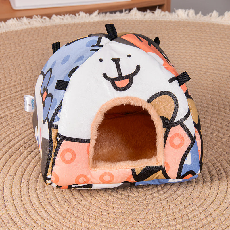 Breathable hamster yurt hideout bed with cartoon bear print