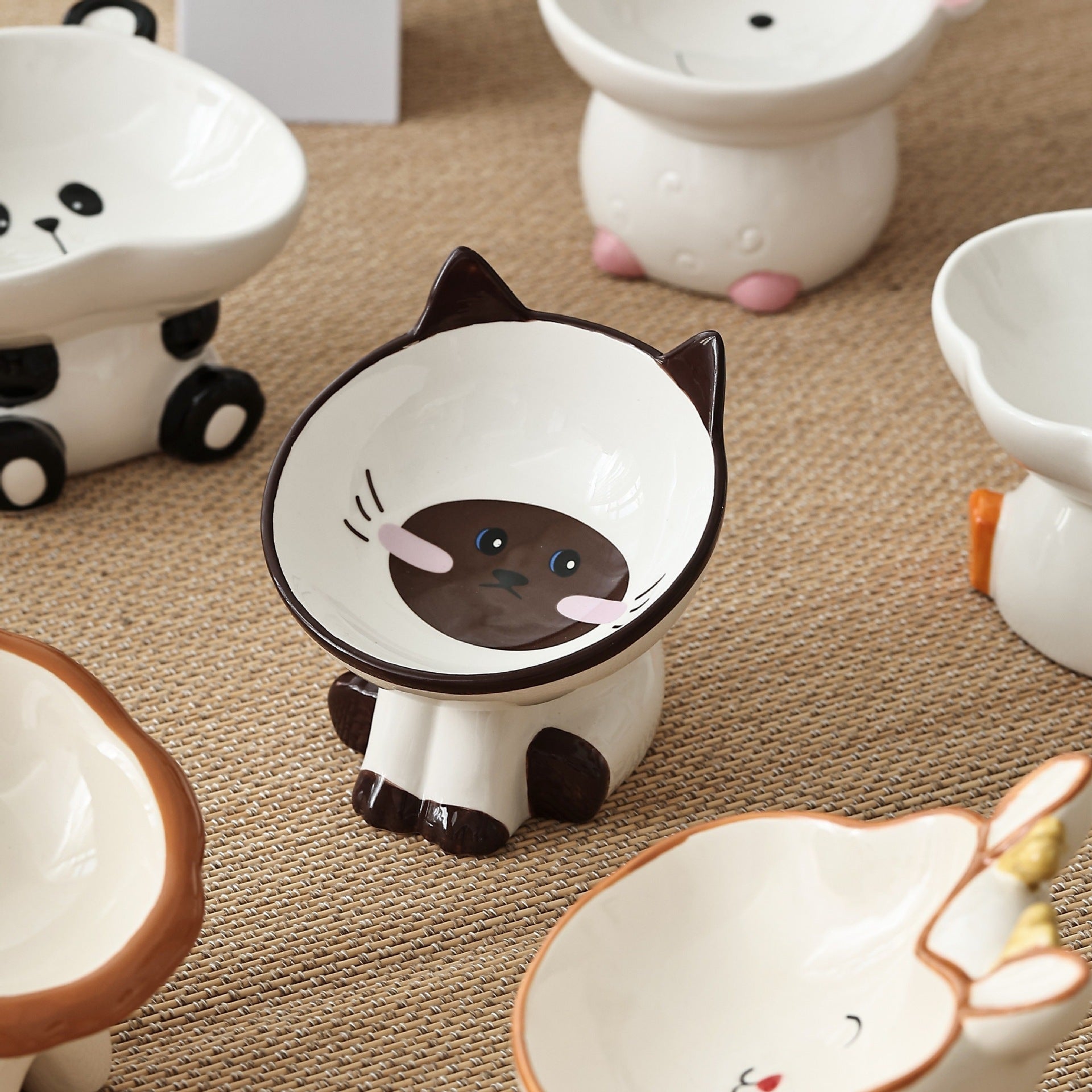 Cute Ceramic Anti-Spill Cat and Dog Food Bowl with Slanted Mouth and Non-Slip TPE Base