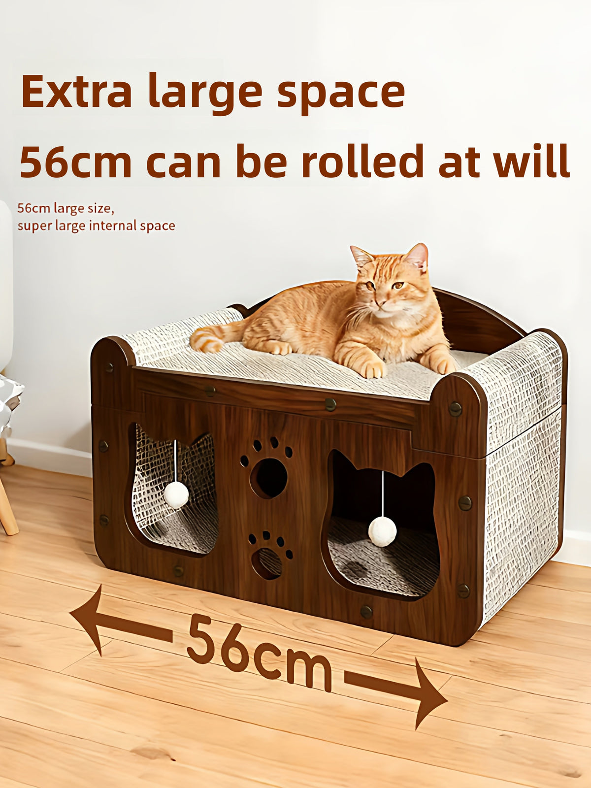 Two tier cardboard cat house with scratching board and play balls, view 4 of 14