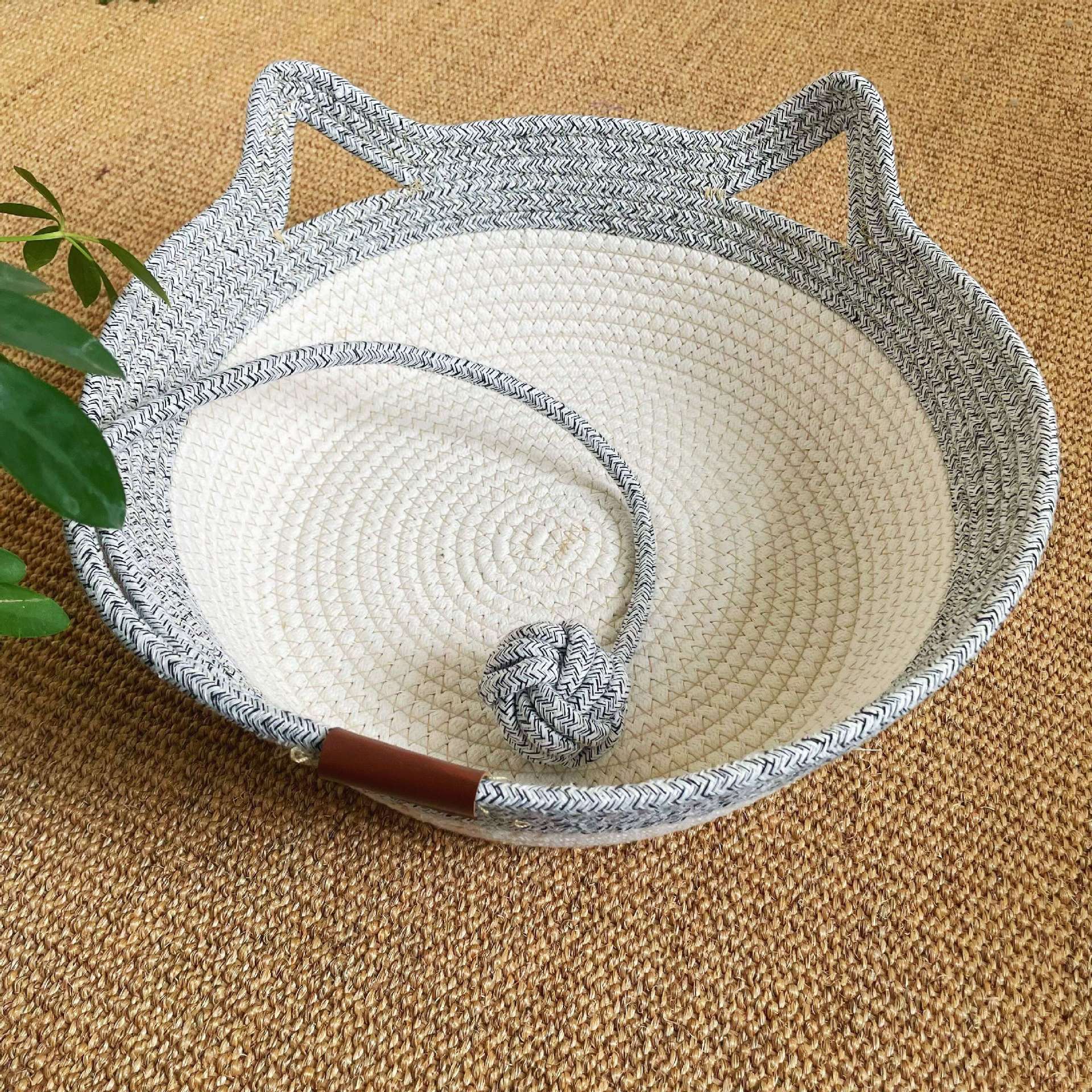 Small woven rattan cat nest in macaron blue with ball, view 14