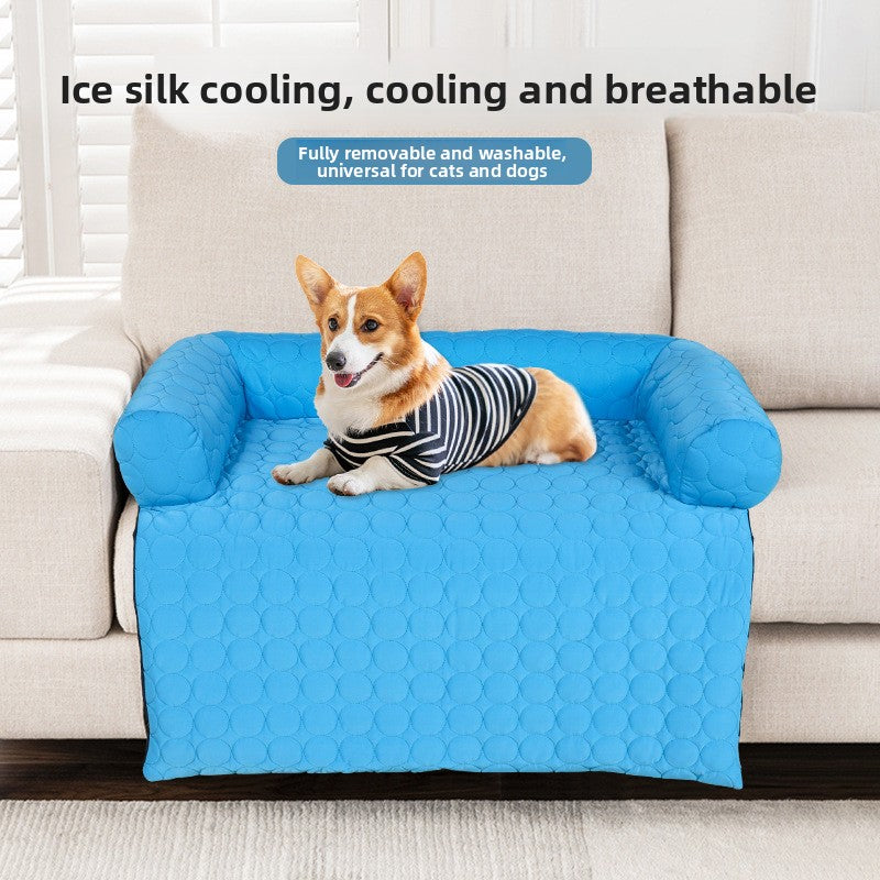 Ice silk pet cooling mat on a sofa, main product photo