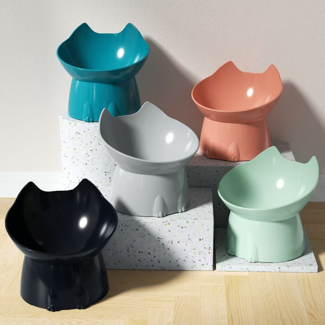 Raised tilted cat bowl with cute ears, alternative angle view