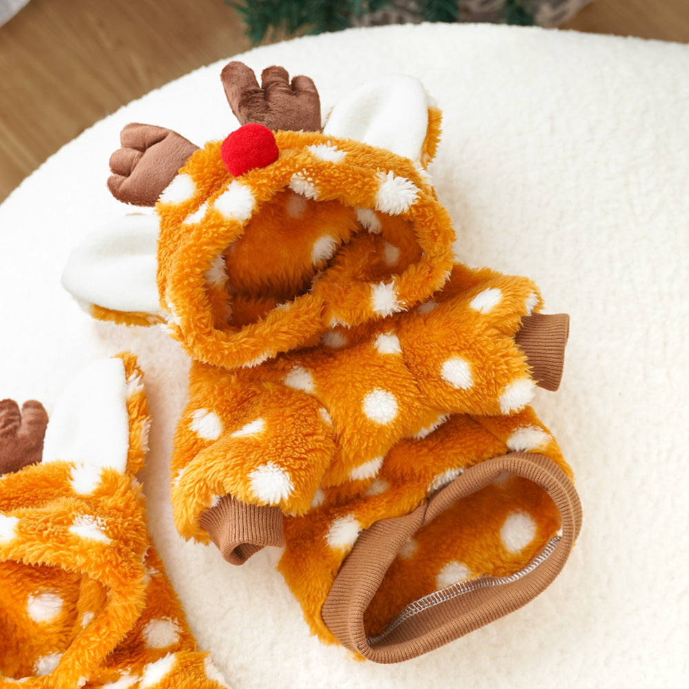 Fleece lined Christmas reindeer costume for pets in Spotted Reindeer, in a home setting