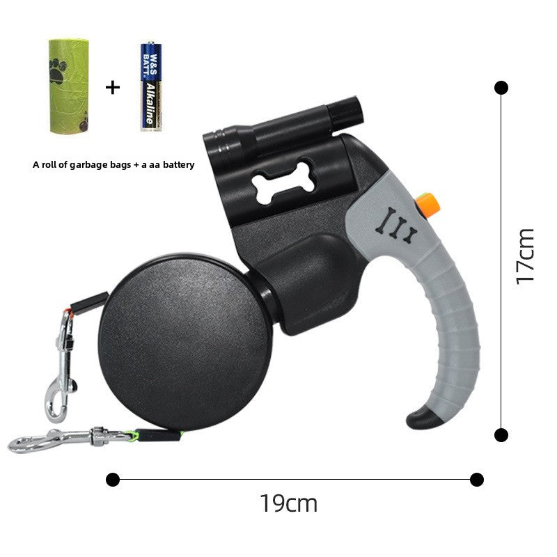 Retractable dog lead with built in poo bag dispenser and 5m tape