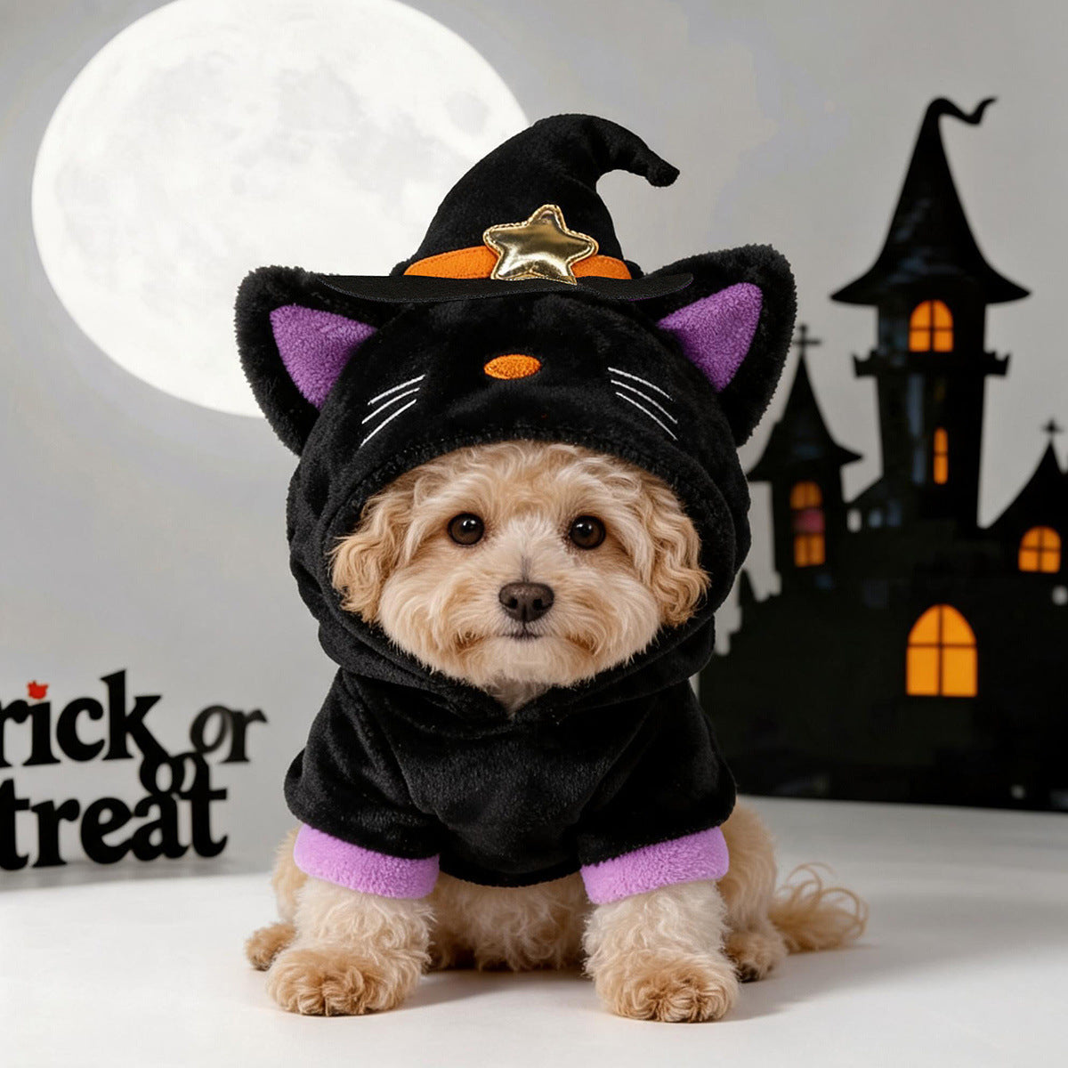 Cat wearing a pumpkin ghost Halloween costume with plaid detail