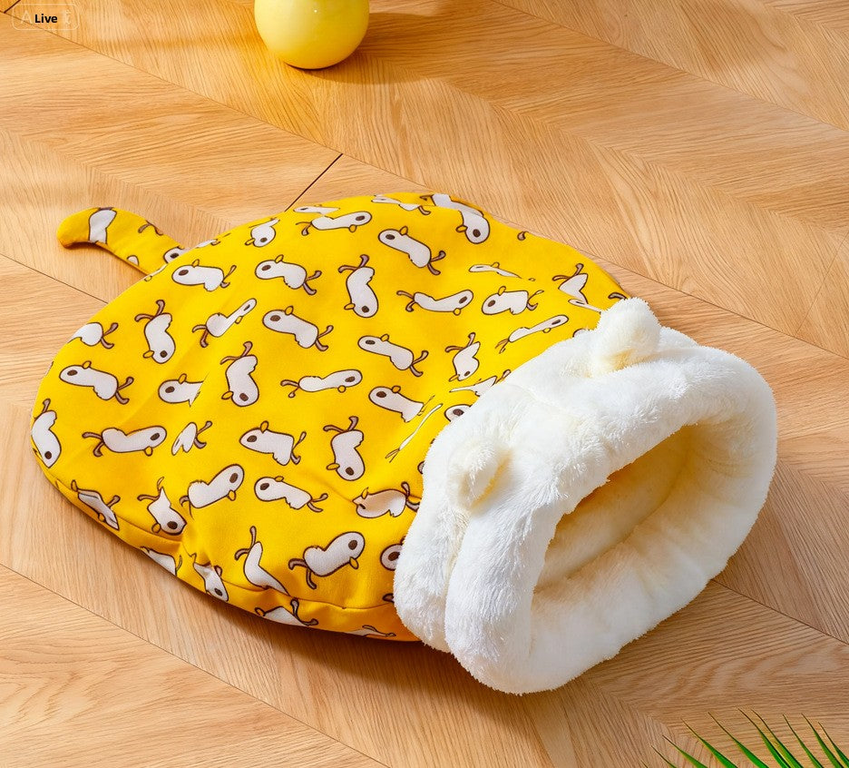 Semi-enclosed cat sleeping bag bed with fun animal print, product image 10