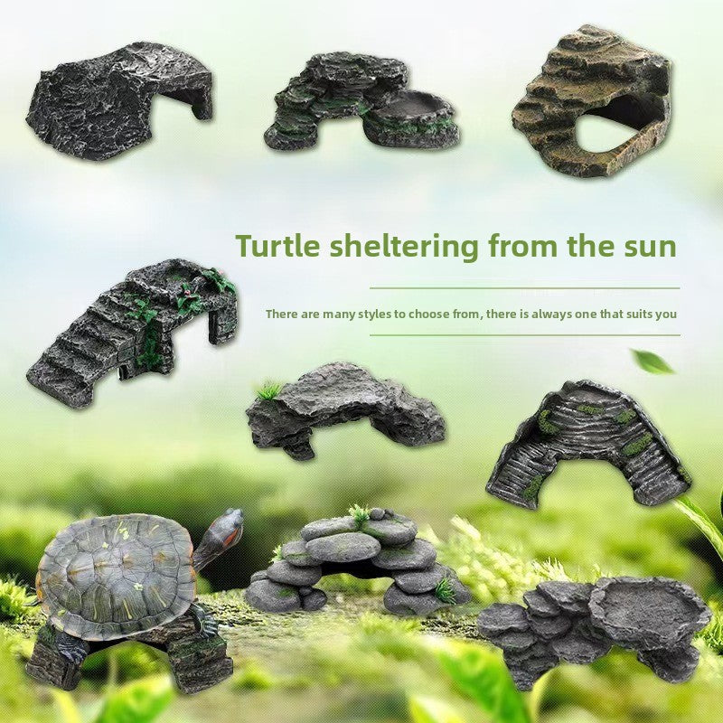 Resin rock turtle basking platform and reptile hide, main product photo