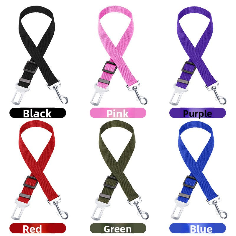 Dog car seat belt leads in blue, black, red and pink