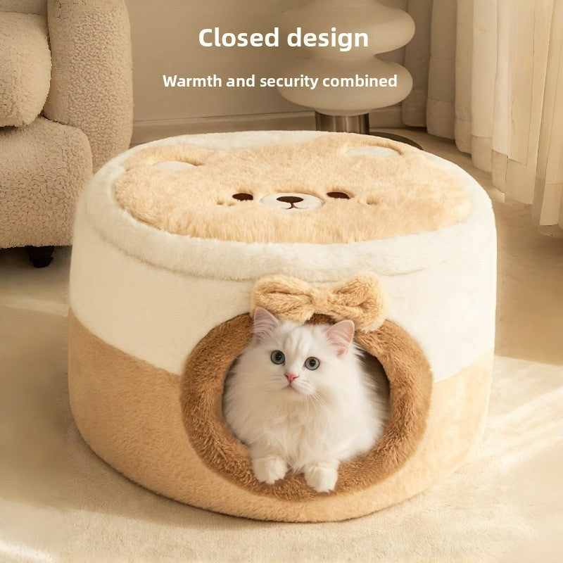 Enclosed cat bed and tent with cartoon bear design, product image 1