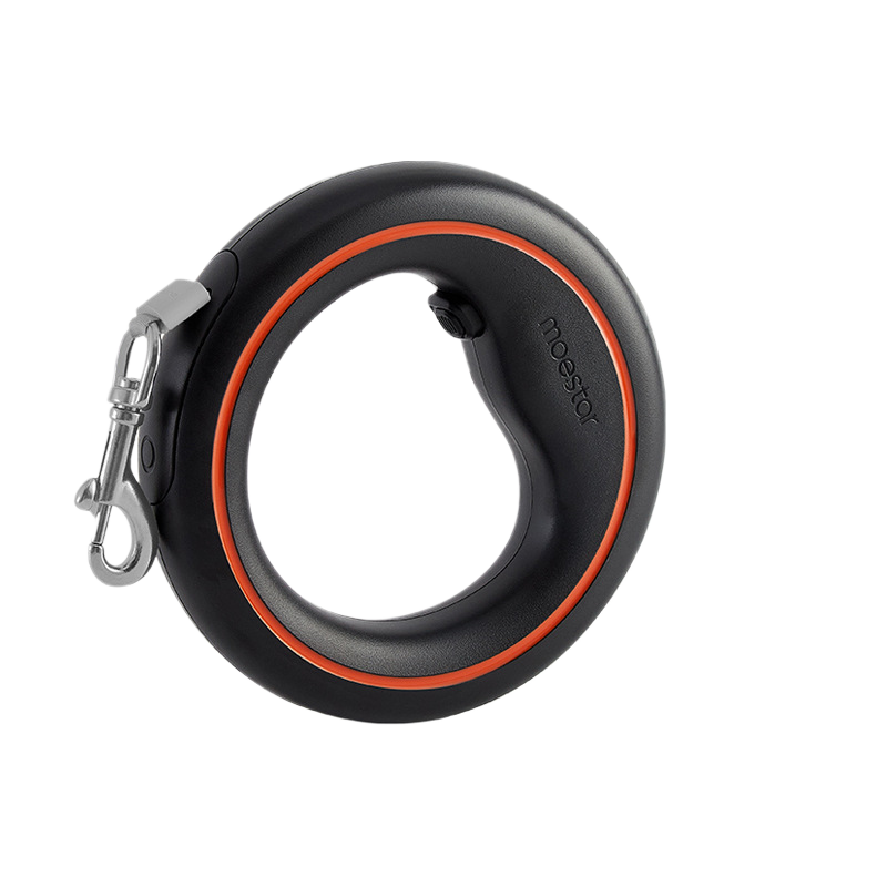 Round retractable dog lead in black and orange