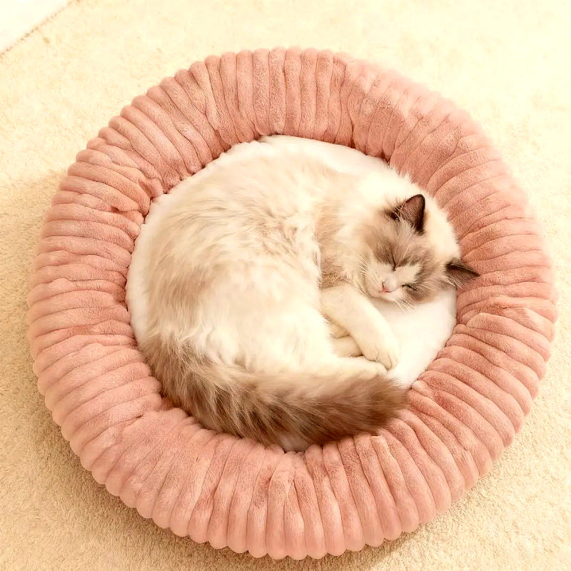 Plush faux rabbit fur pet nest bed for cats, close-up detail view