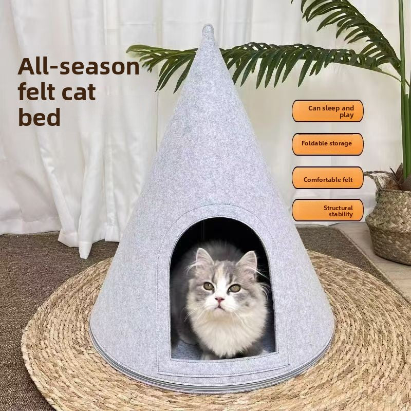 Felt tapered Christmas tree cat nest with hanging toy ball, product image 3
