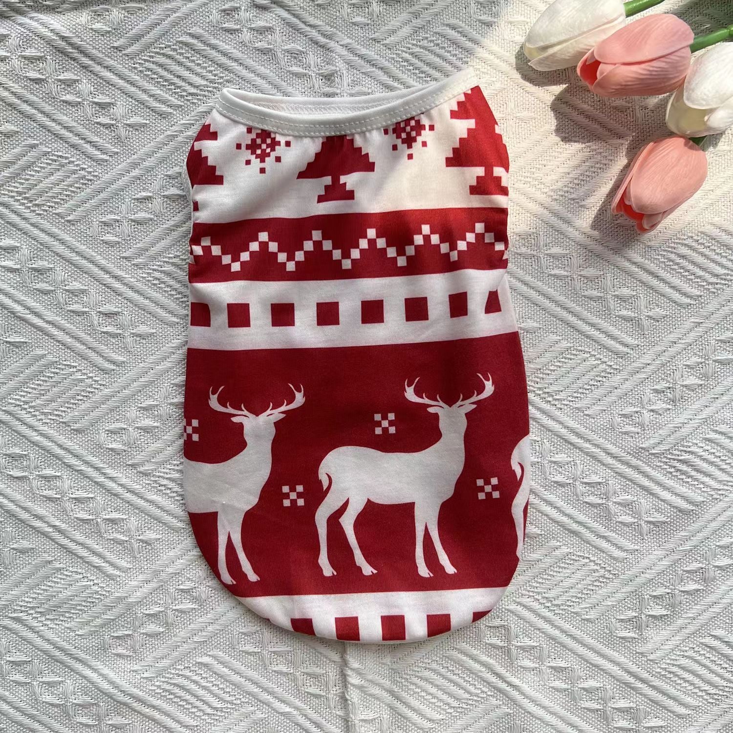Lightweight Christmas dog vest in breathable polyester in White Pumpkin, in a home setting