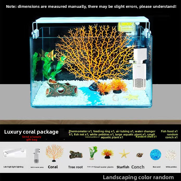 Curved glass goldfish tank on a desk with plants, view 37