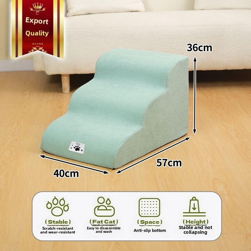 Khaki four-step pet stairs beside a high bed