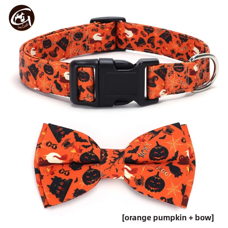 Halloween fabric dog collar with pumpkin print in Purple Pumpkin, showing size and shape