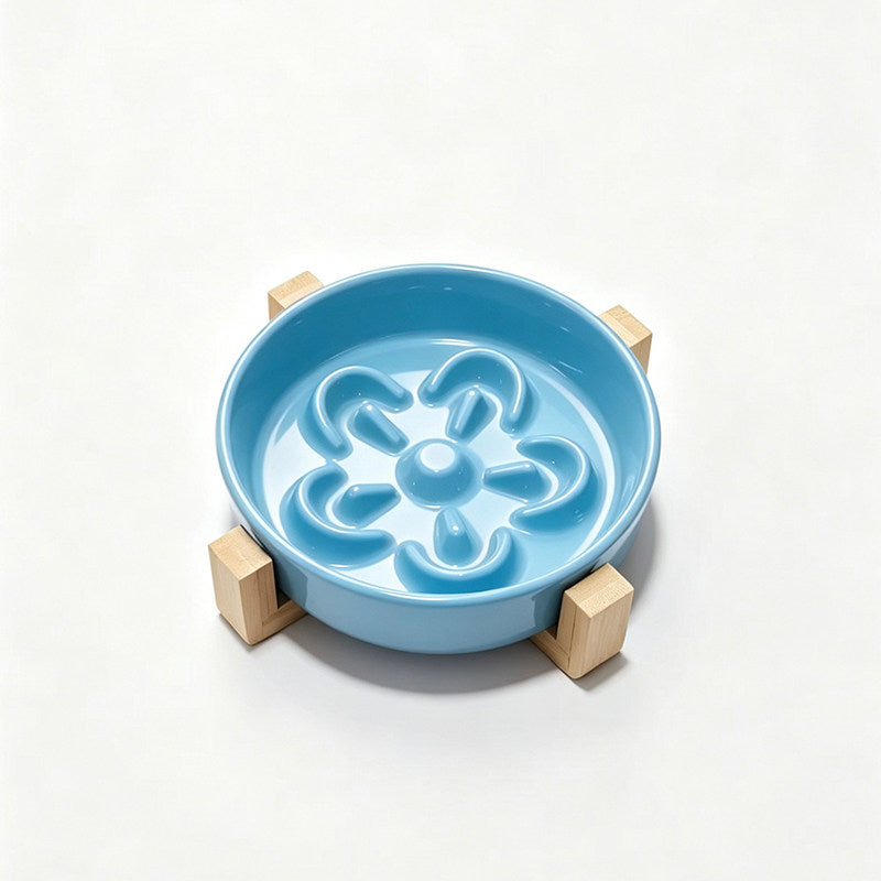 Flower-Shaped Ceramic Slow Feeder Pet Bowl with Wooden Stand for Cats and Dogs