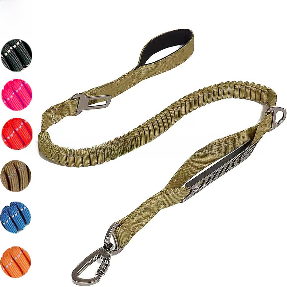 Elastic bungee dog lead with padded handle and car clip in 7 colour options