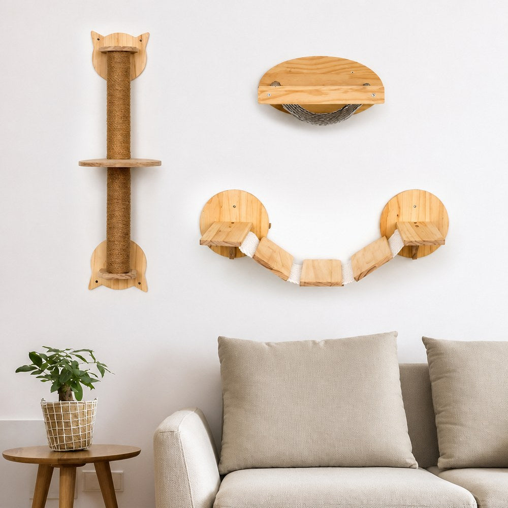 Wall-mounted wooden cat furniture with sisal, alternative angle view