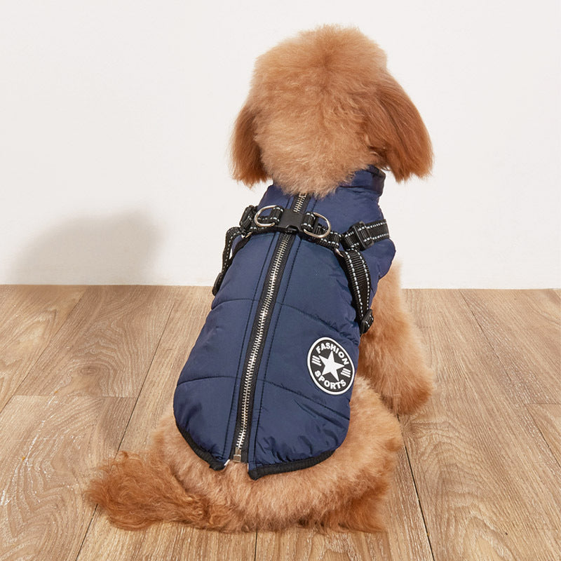 Warm padded cotton dog coat with reflective straps in Black, in a home setting