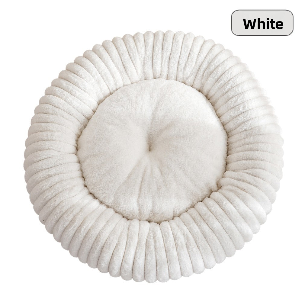 Round striped faux fur pet bed in dark grey for cats