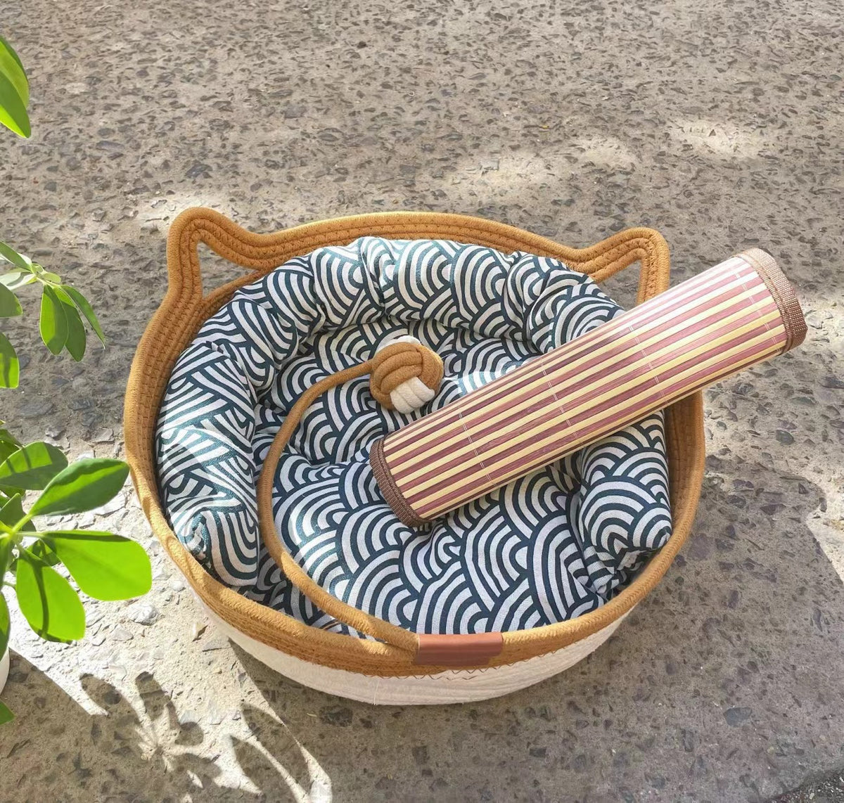 Small woven rattan cat nest in macaron blue with ball, view 39